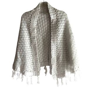 Handmade White Silver Shimmer Thread Crochet Shawl Wrap Lightweight Fringe Scarf